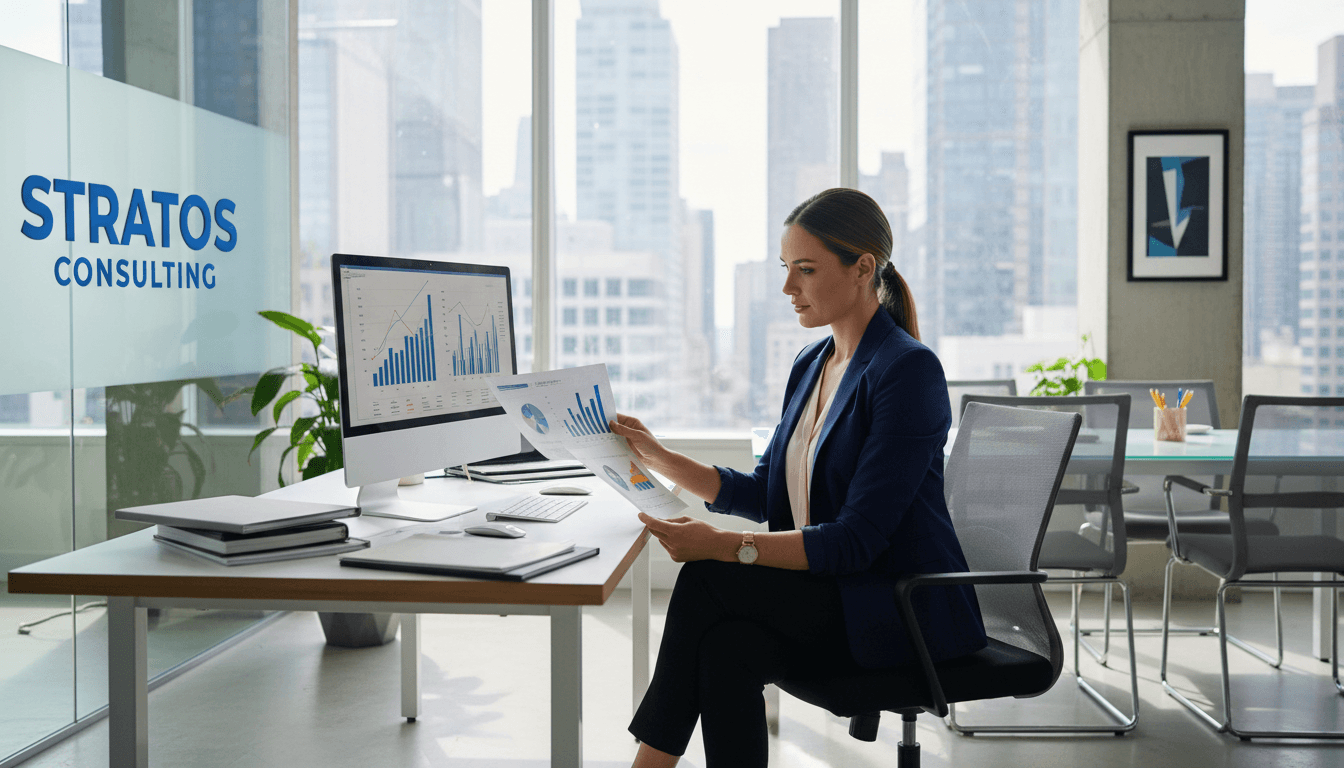 Confident businesswoman reviewing strategy documents in a modern office